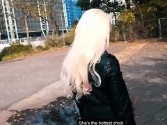 German skinny mature blonde milf at Public street casting