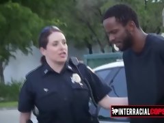White cop MILF is bouncing her big titties on this big black cock on public