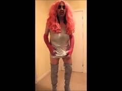 Pink haired slut in silver dress