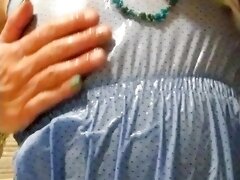 Transgirl wetlook in light-blue summer dress in the shower.